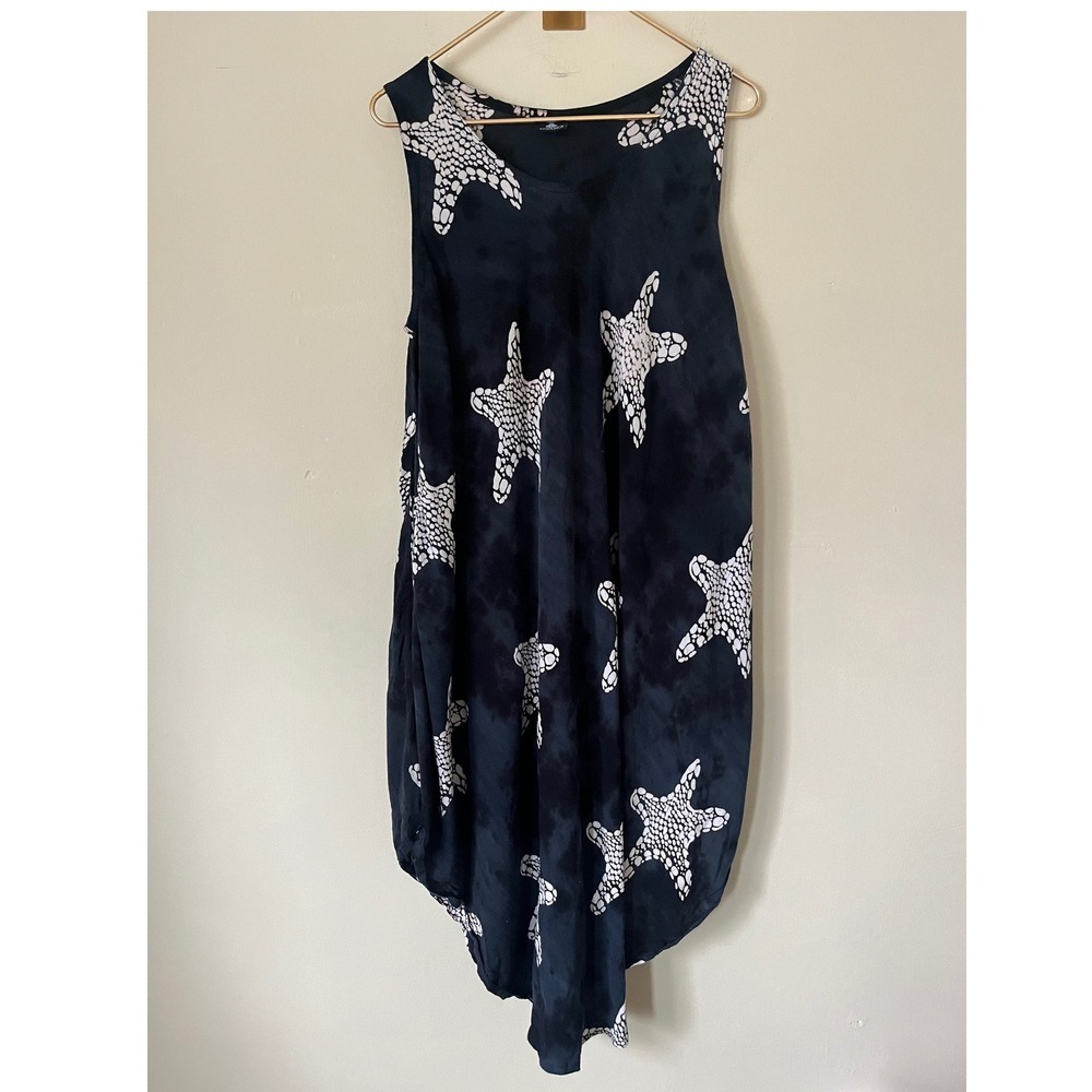 Advance Blue Fish Starfish Tie Dye Sleeveless Midi Dress Navy White OS Pocket